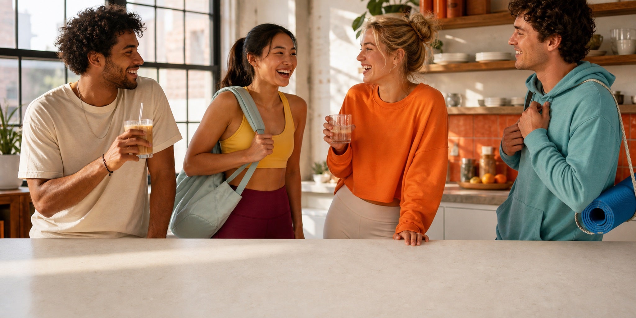 Friends meeting after a workout in a bright kitchen