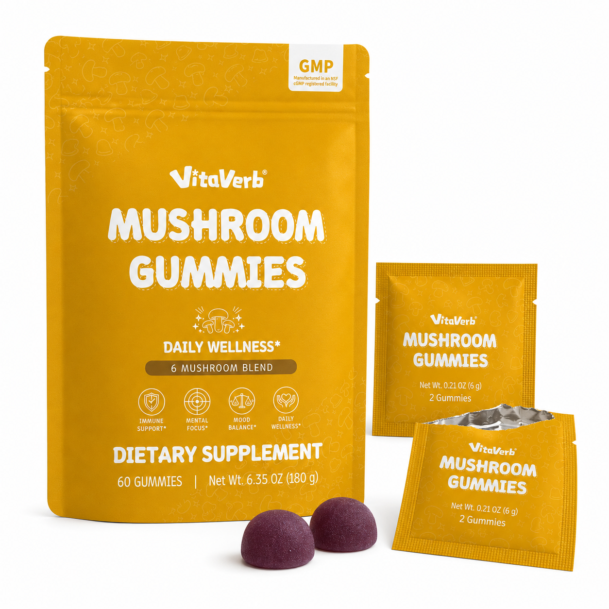 VitaVerb Mushroom Gummies for Adults, 6 Mushroom Blend, 60 Count, 30 Packs