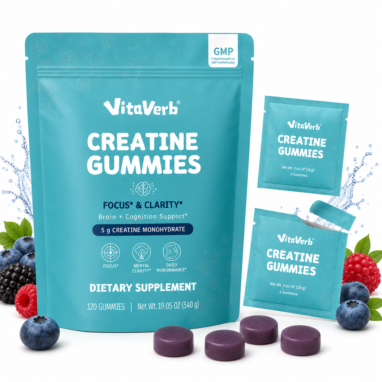 VitaVerb Creatine Monohydrate Gummies for Men & Women, 5g, 30 Daily Packs