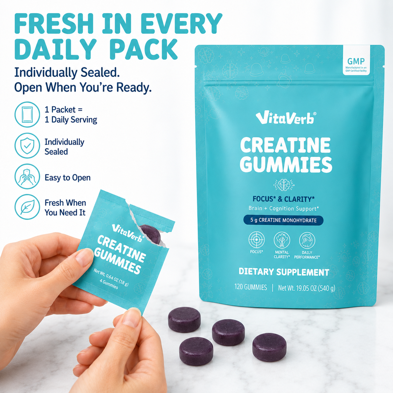 VitaVerb Creatine Monohydrate Gummies for Men & Women, 5g, 30 Daily Packs
