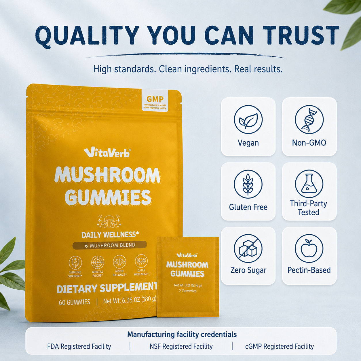 VitaVerb Mushroom Gummies for Adults, 6 Mushroom Blend, 60 Count, 30 Packs