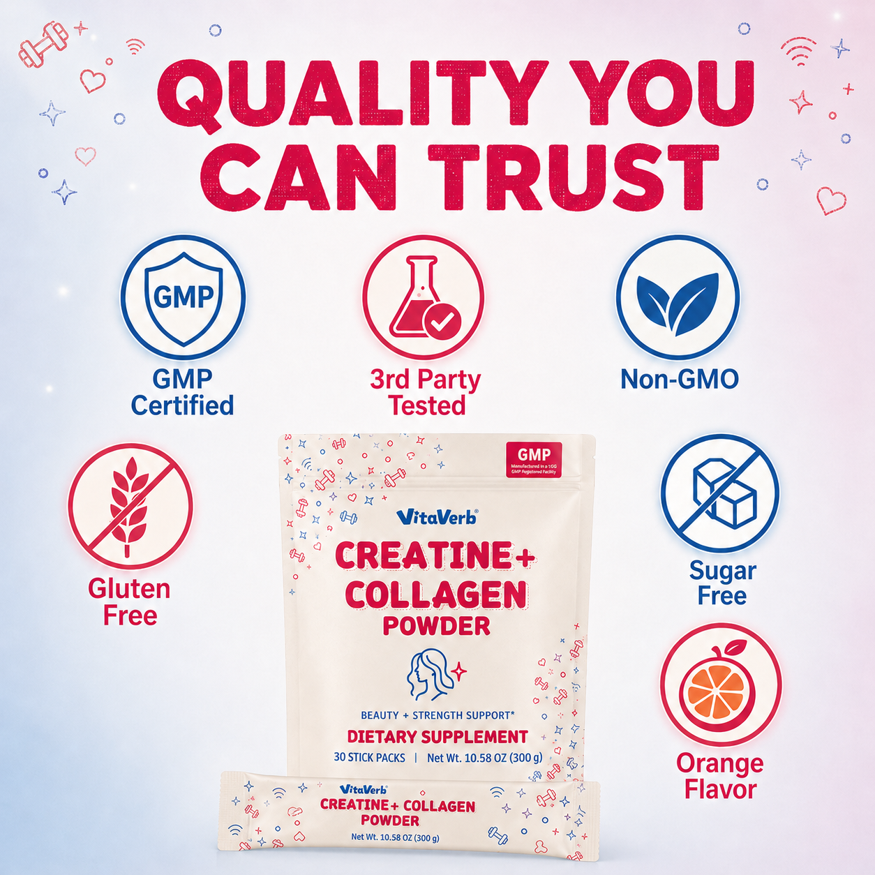 VitaVerb 5g Creatine Monohydrate for Women + Collagen Powder, 30 Sticks