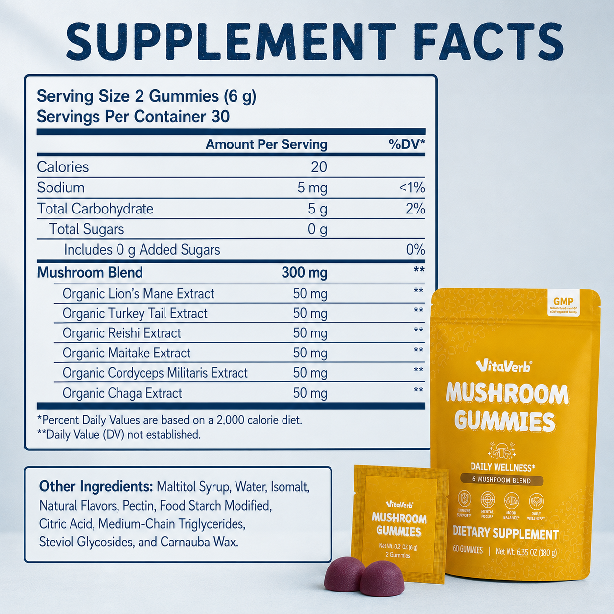 VitaVerb Mushroom Gummies for Adults, 6 Mushroom Blend, 60 Count, 30 Packs