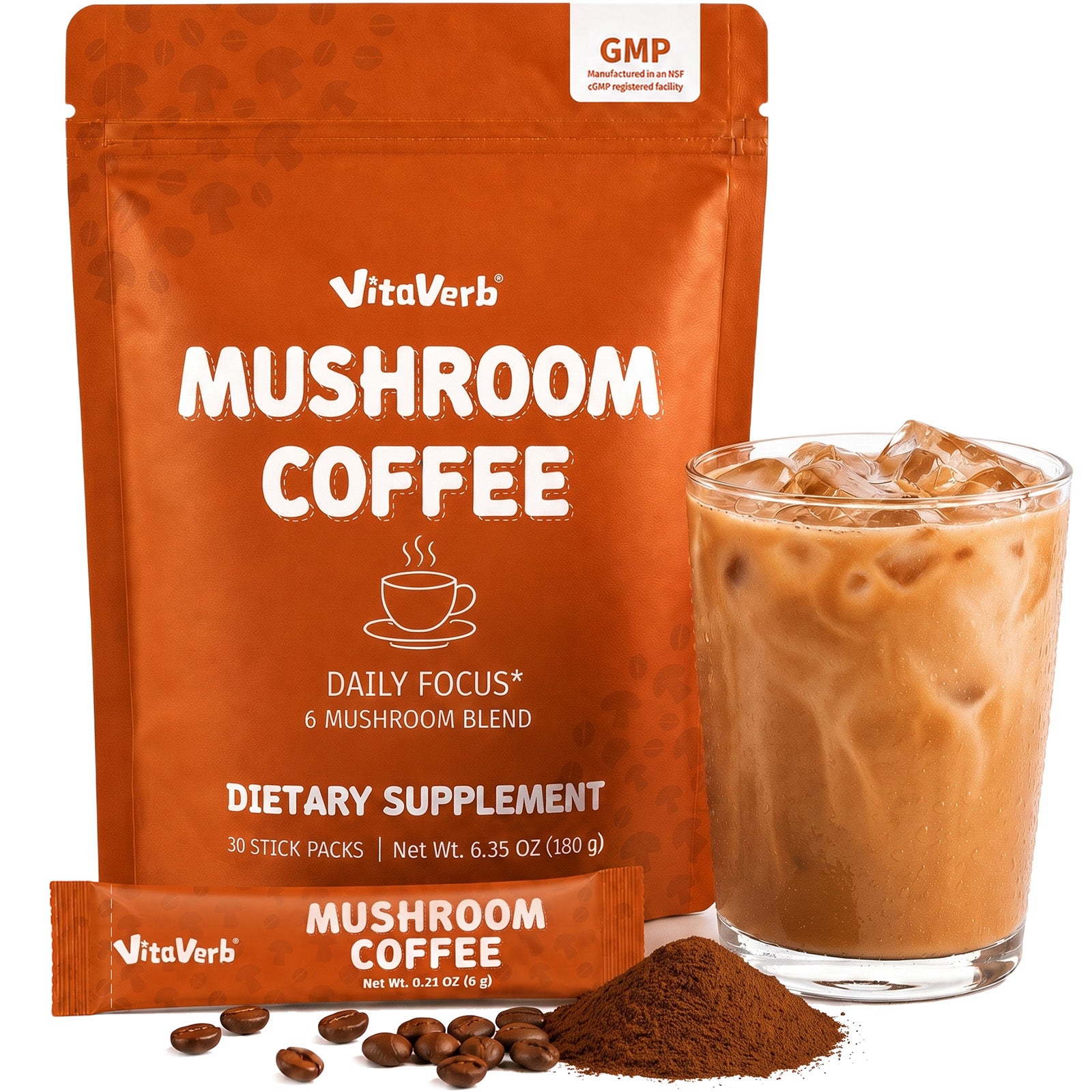 VitaVerb Instant Mushroom Coffee, Medium-Dark Roast Arabica, 30 Sticks