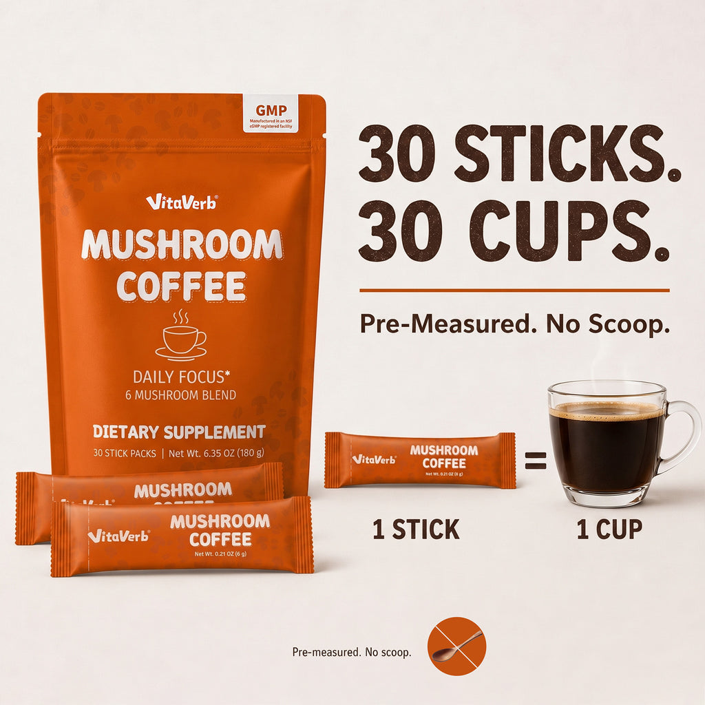 VitaVerb Instant Mushroom Coffee, Medium-Dark Roast Arabica, 30 Sticks