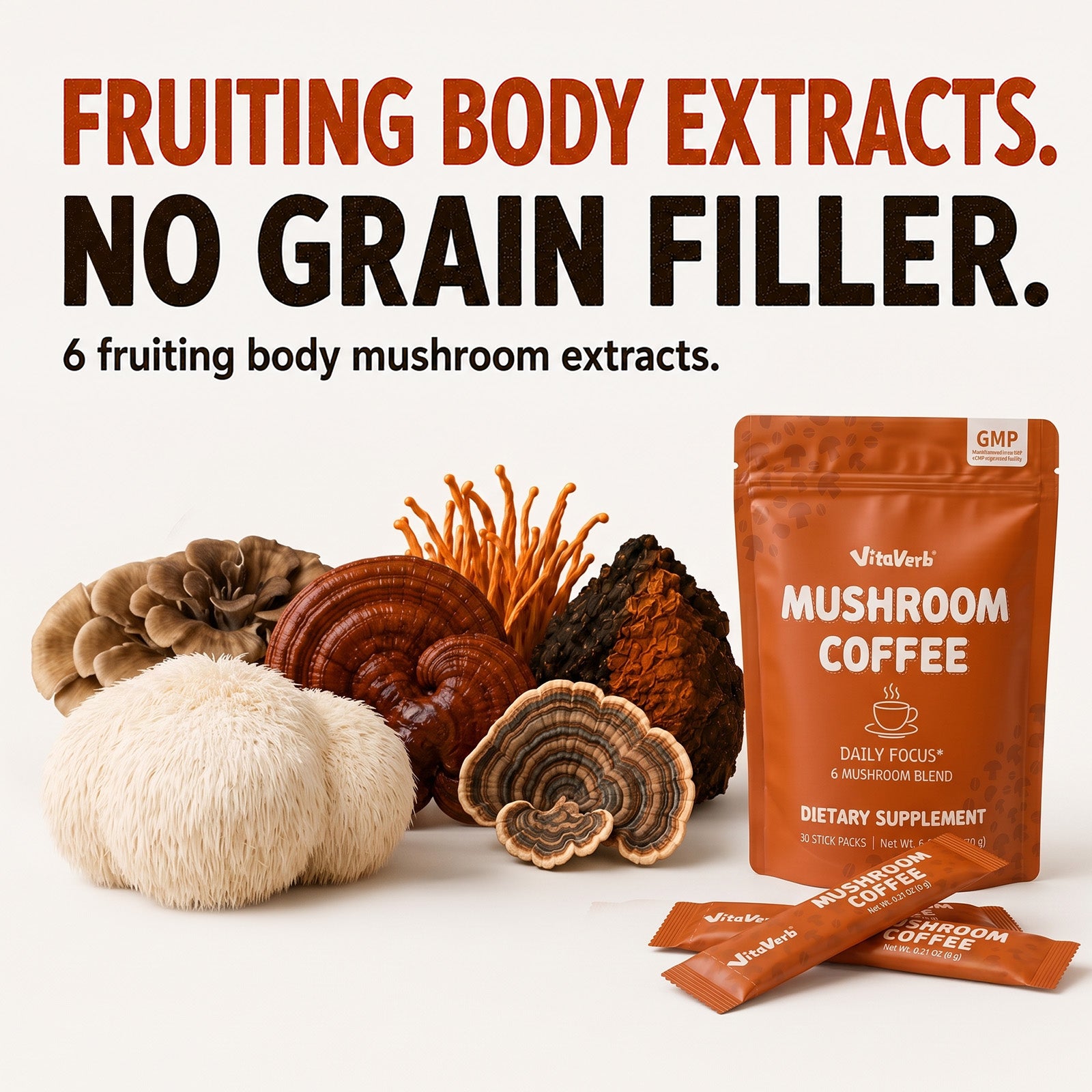 VitaVerb Instant Mushroom Coffee, Medium-Dark Roast Arabica, 30 Sticks